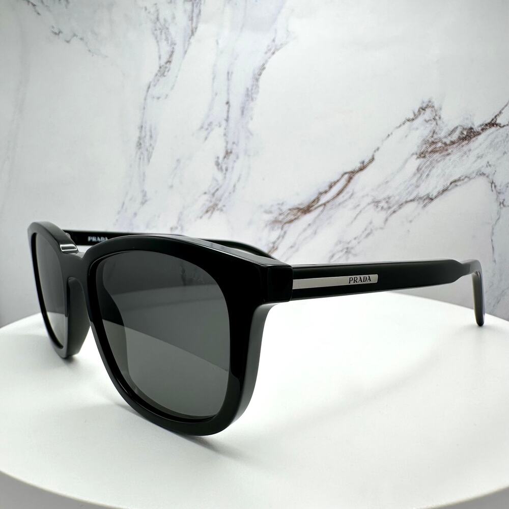 New PRADA Sunglasses Black Acetate Square Silver Metal Logo 53mm Gray Lens - Picture 14 of 16